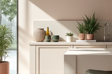 A spotless kitchen with soft sunlight, plants, and pristine countertops