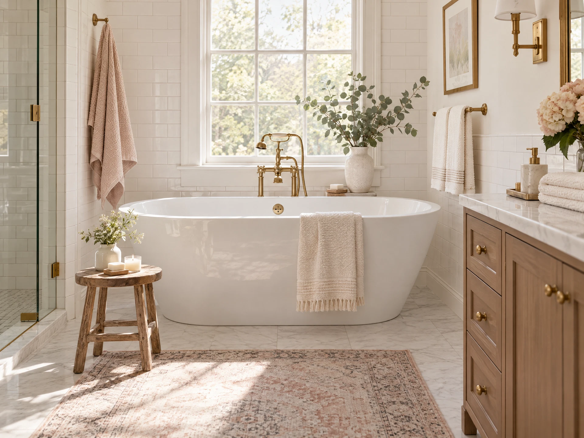 A pristine spa-like bathroom with folded towels and warm brass fixtures