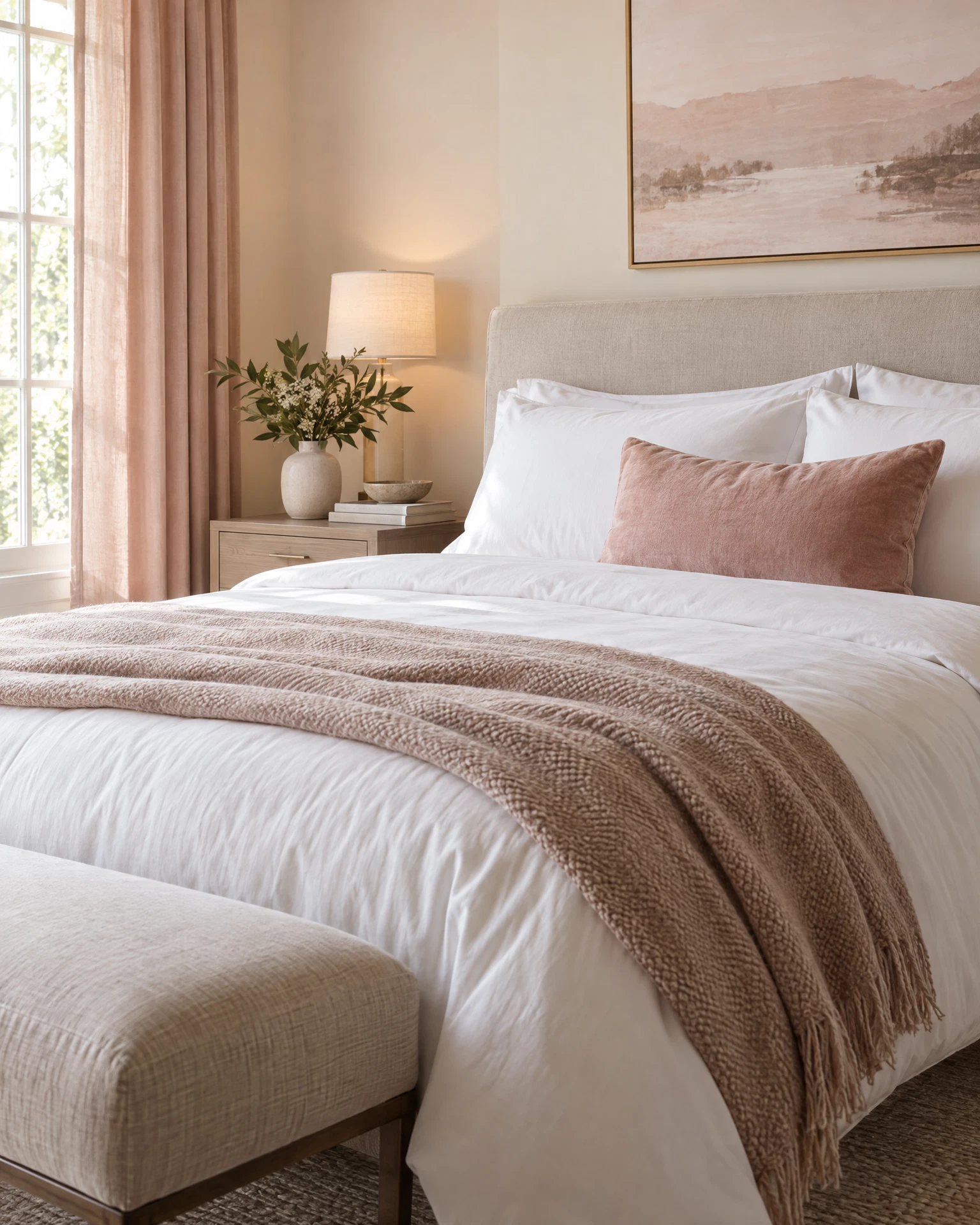 A beautifully made bed with crisp white linens and a blush accent pillow