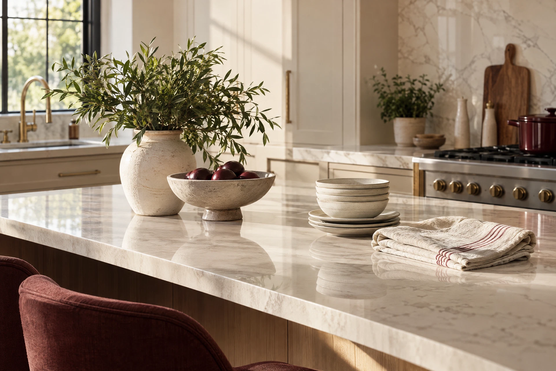 A spotless kitchen island with a folded linen towel and green plant